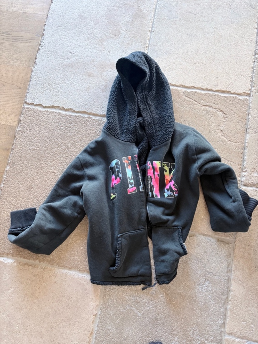 PINK Victoria's Secret Black Kids Sherpa-Lined Hoodie with Multicolor Logo